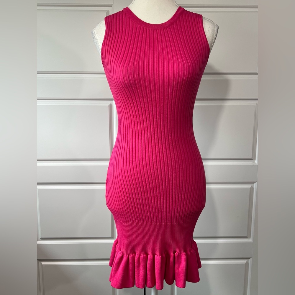 Hot Pink Ribbed Knit Sleeveless Bodycon Mini Dress Ruffle Hem Spring Small